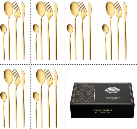 ACA Trading Matte Gold Set 24 Piece Food Grade 304 Stainless Steel Utensils Set, Silverware Set Tableware Flatware Set Forks Knives Spoon Tea Spoon for Home & Restaurant, Dishwasher Safe(Gold)