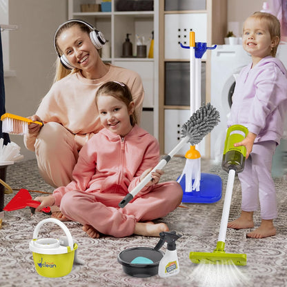 Kids Cleaning Set14 Piece -Toddler Cleaning Toy Set Includes Real Working Vacuum Cleaner, Broom, Mop, Brush, Spray, Preschool Educational Pretend Play Cleaning Kit for Toddler (Blue)