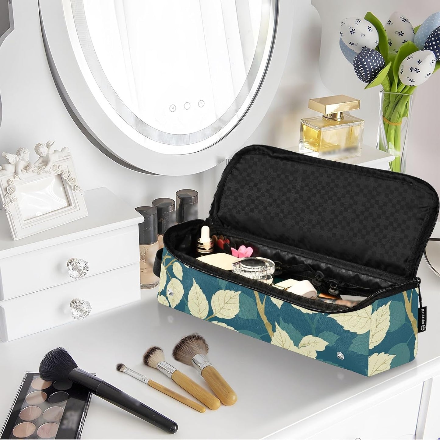 Borsa da viaggio per strumenti per capelli e tappetino resistente al calore, custodia da viaggio a doppio strato per utensili caldi e accessori per la cura dei capelli, foglia di timo, beige, foglia