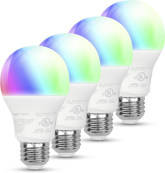 Amazon Basics Smart A19 LED Light Bulb, Color Changing, 9W (60W Equivalent), 800LM, Works with Alexa Only, 2.4 GHz Wi-Fi, No Hub Required, 4 Pack