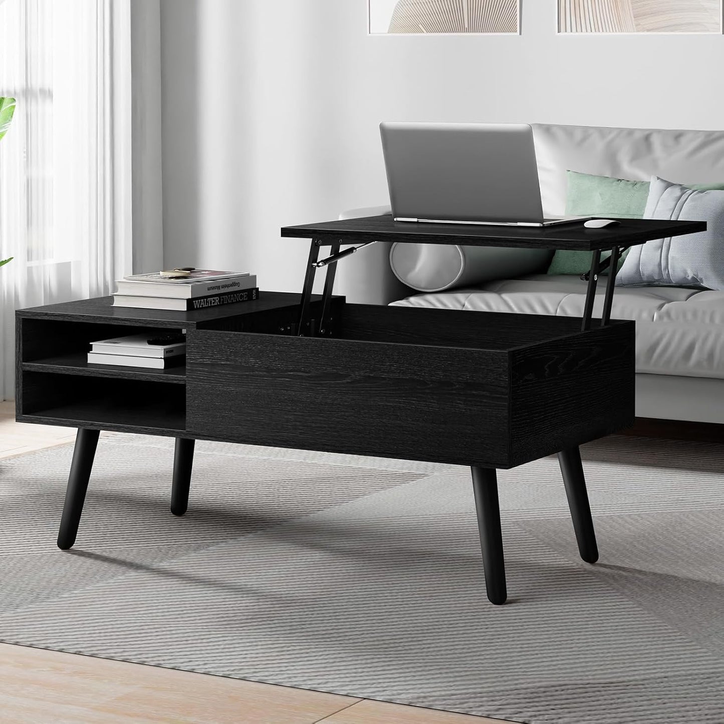 ALFORDSON Lift Tabletop Coffee Table Center Table Black Color, Living Room Office Reception Dining Table with Rising Top, Hidden Storage and Side Open Shelves