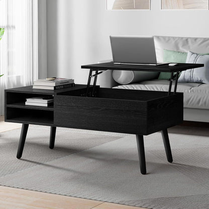 ALFORDSON Lift Tabletop Coffee Table Center Table Black Color, Living Room Office Reception Dining Table with Rising Top, Hidden Storage and Side Open Shelves