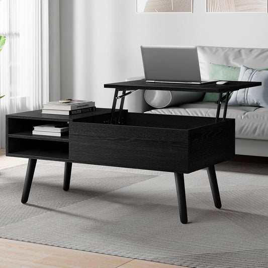 ALFORDSON Lift Tabletop Coffee Table Center Table Black Color, Living Room Office Reception Dining Table with Rising Top, Hidden Storage and Side Open Shelves