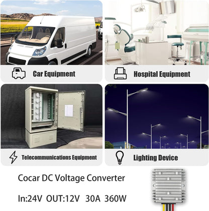 Cocar DC 24V to 12V Converter, Step-Down 30A 360W Transformer Converter Adapter Power Supply Regulator for Heavy Duty Car Truck Vehicle Solar System, Etc. (Accepts DC15-40V Inputs)