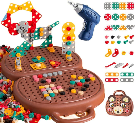 Montessori Toys Tool Set Play Toolbox for Boys Ages 3-12 Years Old, Bear Tool Box Fine Motor DIY STEM Toy, Puzzle Game Toy Set with Electric Drill Screw Tool Set, Creative Kids