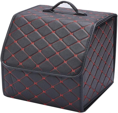 XhuangTech PU Leather Multipurpose Collapsible Car Trunk Storage Organizer with Lid 13inch Portable Auto Tools Cargo Holder Storage Box Tidy Case (Black with red line)