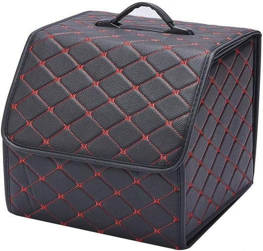XhuangTech PU Leather Multipurpose Collapsible Car Trunk Storage Organizer with Lid 13inch Portable Auto Tools Cargo Holder Storage Box Tidy Case (Black with red line)