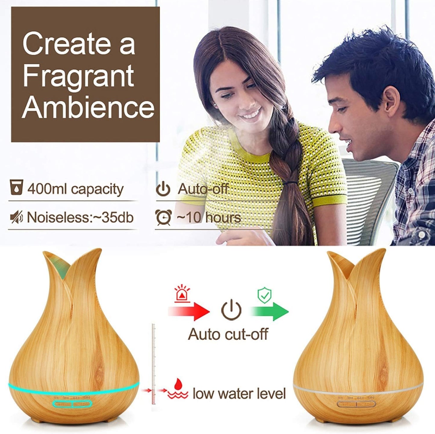 Essential Oil Diffuser Ultrasonic Aromatherapy Air Humidifier 400ML Remote Control Wood Grain Cool Mist Aroma Diffuser Large for Home Office Spa Baby Kids Room, Auto Shut-Off, 10 Hours Working Time (Light Wood)