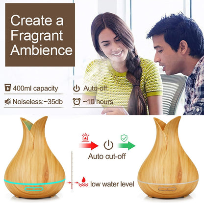 Essential Oil Diffuser Ultrasonic Aromatherapy Air Humidifier 400ML Remote Control Wood Grain Cool Mist Aroma Diffuser Large for Home Office Spa Baby Kids Room, Auto Shut-Off, 10 Hours Working Time (Light Wood)