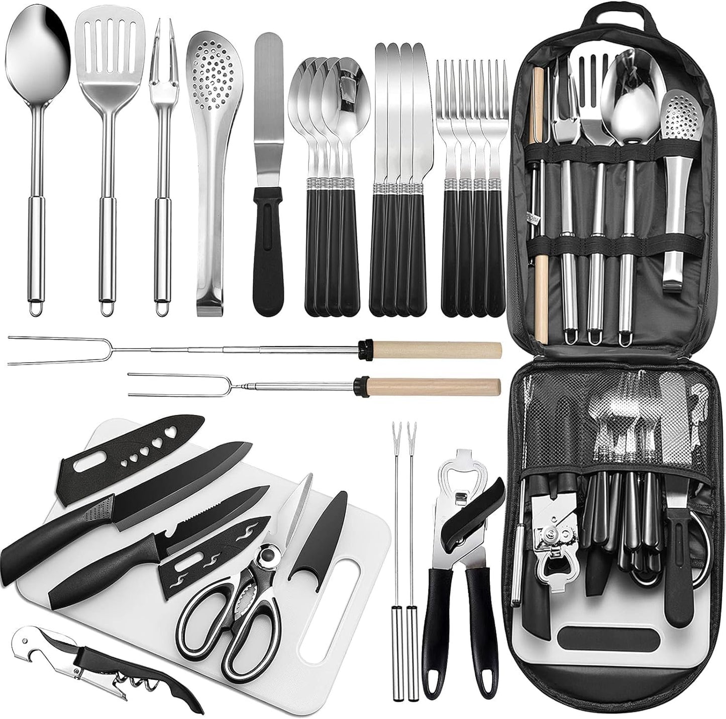 JiaoZoum Portable Camping Kitchen Utensil Set-27 Piece Cookware Kit, Stainless Steel Outdoor Cooking and Grilling Utensil Organizer Set for Travel, Picnics, Camping, BBQs, Parties