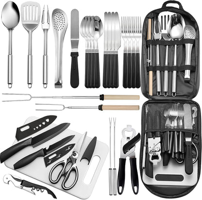 JiaoZoum Portable Camping Kitchen Utensil Set-27 Piece Cookware Kit, Stainless Steel Outdoor Cooking and Grilling Utensil Organizer Set for Travel, Picnics, Camping, BBQs, Parties