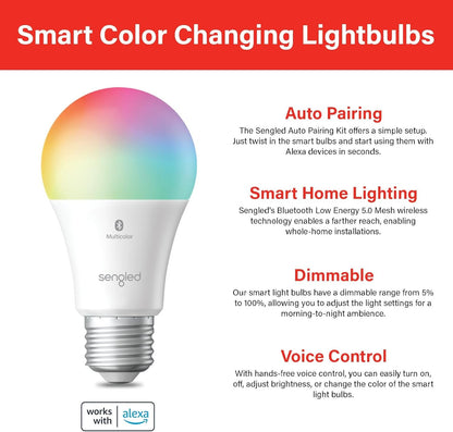 Sengled Light Bulb, S1 Auto Pairing with Alexa Devices, Color Changing , Smart Light that Work with , Bluetooth Mesh Smart Home Lighting, E26 60W Equivalent, 800LM, 4 Count (Pack of 1)