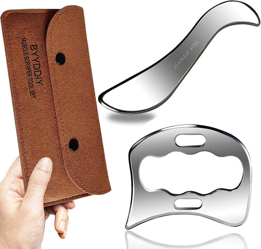 BYYDDIY 2 in 1 Stainless Steel Muscle Scraper Tools Set Gua Sha Massage Scraper Scraping Tool (Ca-SD)