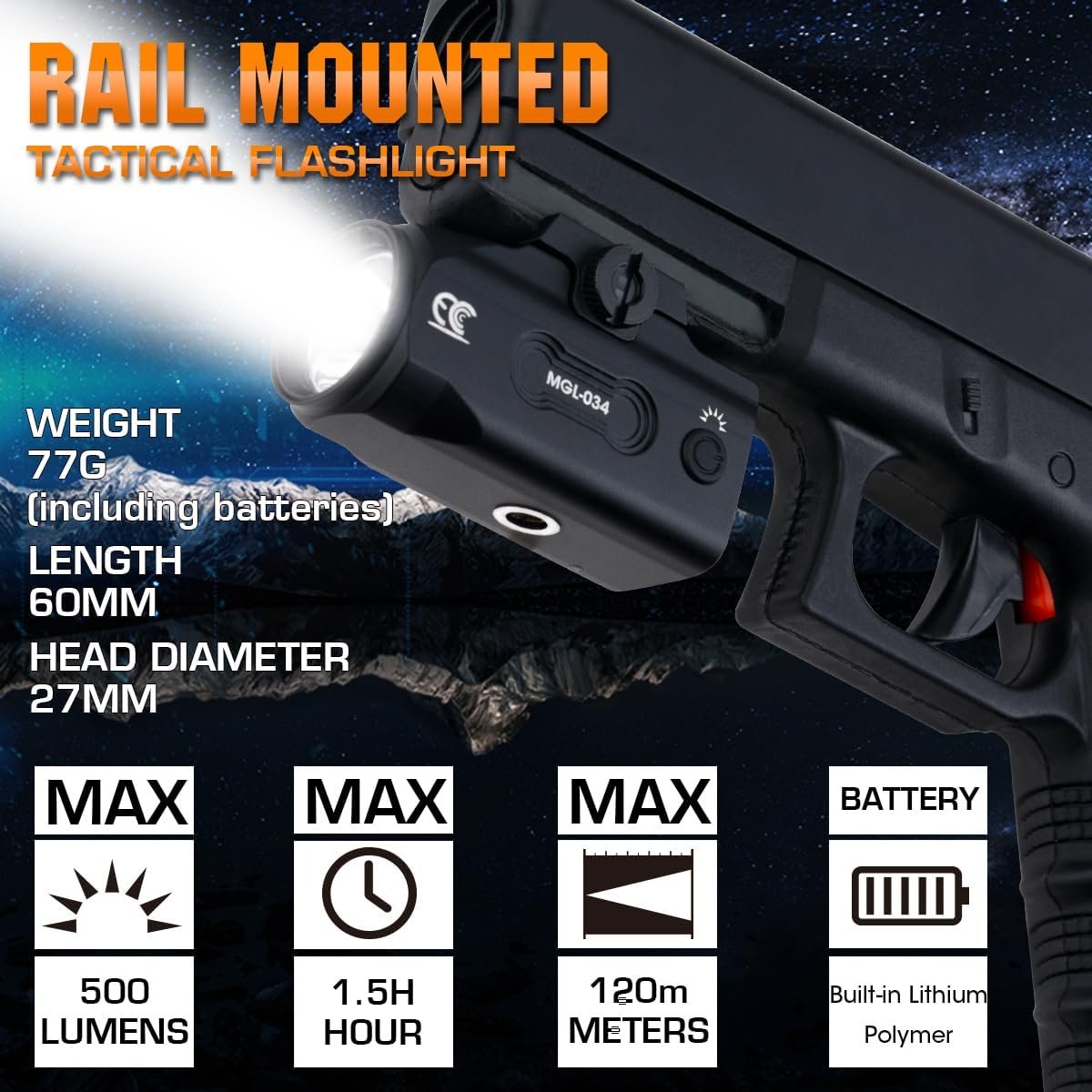MCCC Compact Tactical Flashlight - Aluminum Made, 500 High Lumens, Magnetic Rechargeable, for Pistols, Handguns, Shotguns, Airsoft - Picatinny Rail Accessories