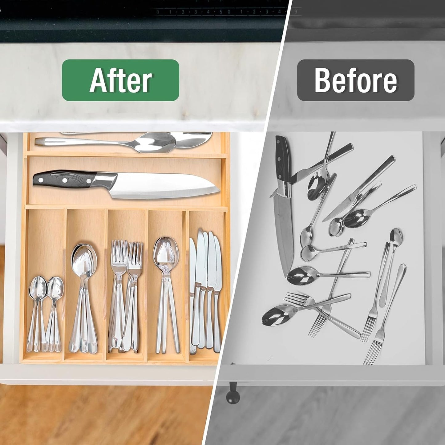 Silverware Organizer, Kitchen Drawer Organizer 13"× 17" Pine Wood Utensil Holder and Cutlery Tray with Grooved Drawer Dividers, 7 Compartment Utensil Tray Wood Caddy for Flatware Forks Spoon, Knives