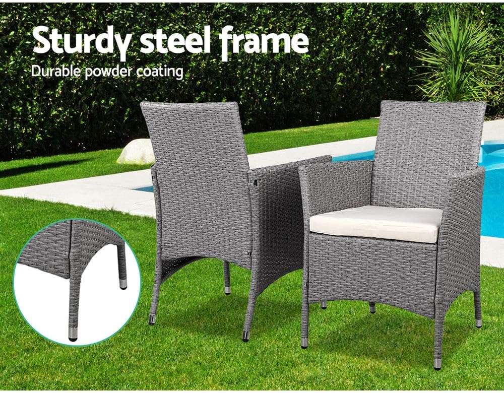 Gardeon 3pcs Wicker Patio Furniture, Bistro Set Table and Chairs Outdoor Lounge Setting Conversation Sets Dining Chair Garden Backyard, Cushion with Rattan Coffee Table Glass Tabletop Grey