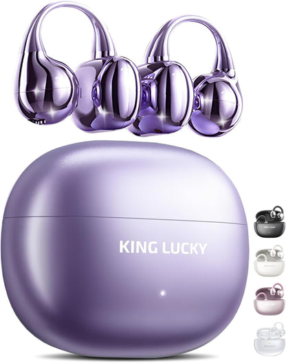 King Lucky Open Ear Earbuds Wireless Bluetooth 5.4 Clip-on Headphones with Mic - 50H Playtime, Ipx5 Waterproof - Ideal for Sports & Workouts, Comfortable for Small Ears & Glasses Wearers (Purple)