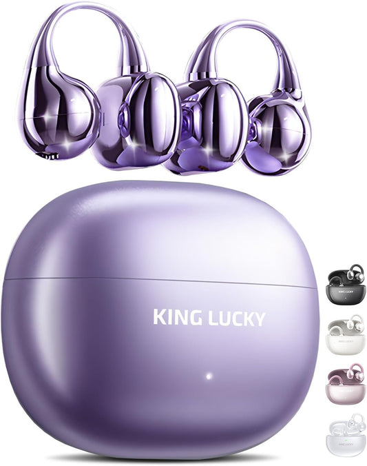 King Lucky Open Ear Earbuds Wireless Bluetooth 5.4 Clip-on Headphones with Mic - 50H Playtime, Ipx5 Waterproof - Ideal for Sports & Workouts, Comfortable for Small Ears & Glasses Wearers (Purple)