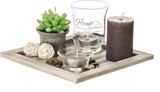 out of The Blue kg Decorative Items/Square Plate in Natural Wood with Candle Holder, Candles and Decorative Stones
