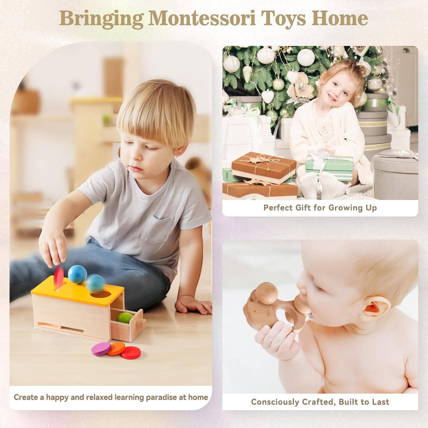 Montessori Toys for Babies 6-12 Months 6 in 1 Learning Educational Toy Set Wooden Toys Play Kit Includes Object Permanence Box, Touch & Match Board, Sensory Ball & Treasure Basket, Soft Baby Book