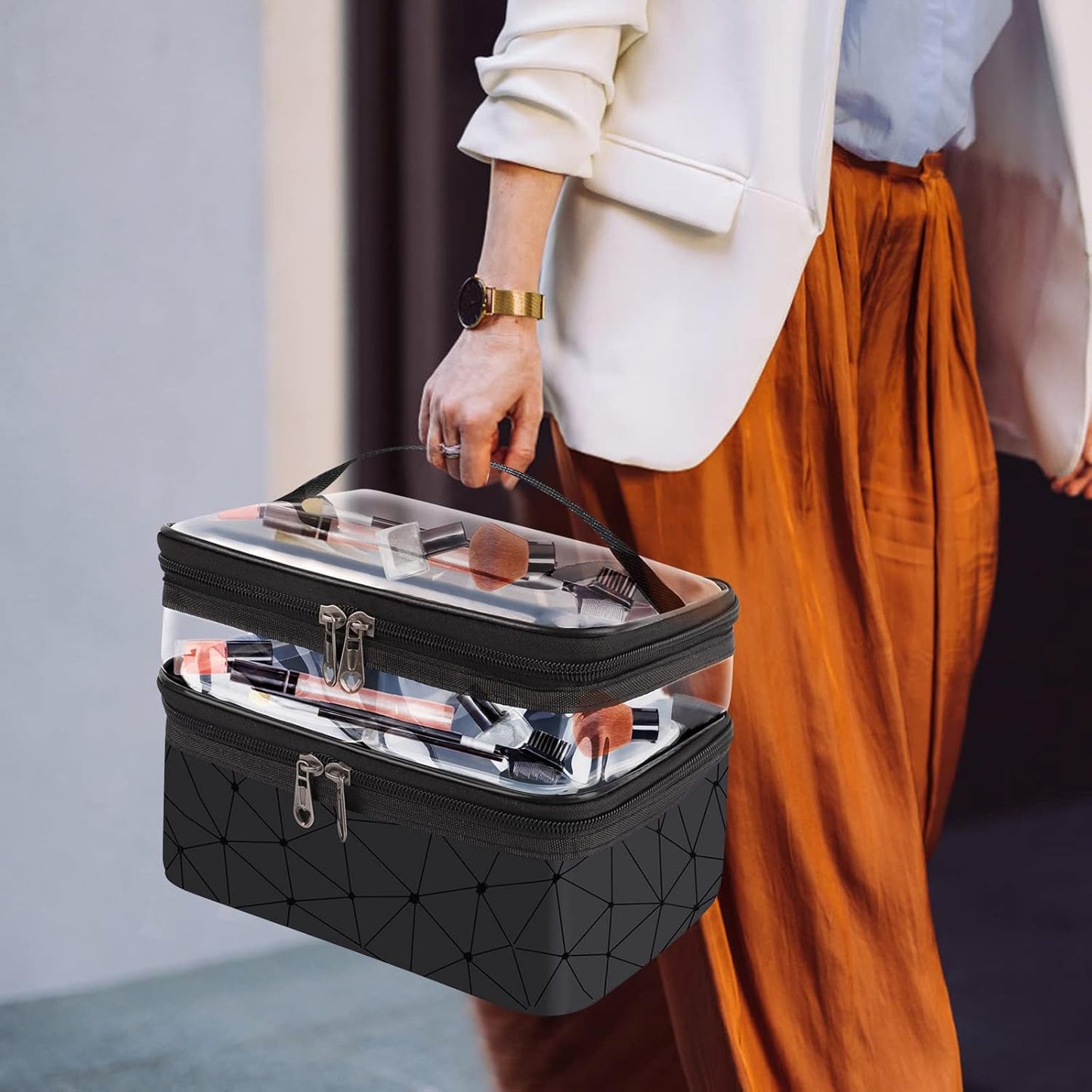 Set of 2 Women's Make-Up Large Clutch Bag Make Up Bag Makeup Cosmetic Travel Case Makeup Bag Makeup Bag Makeup Bag Girl | Black & Transparent, Black