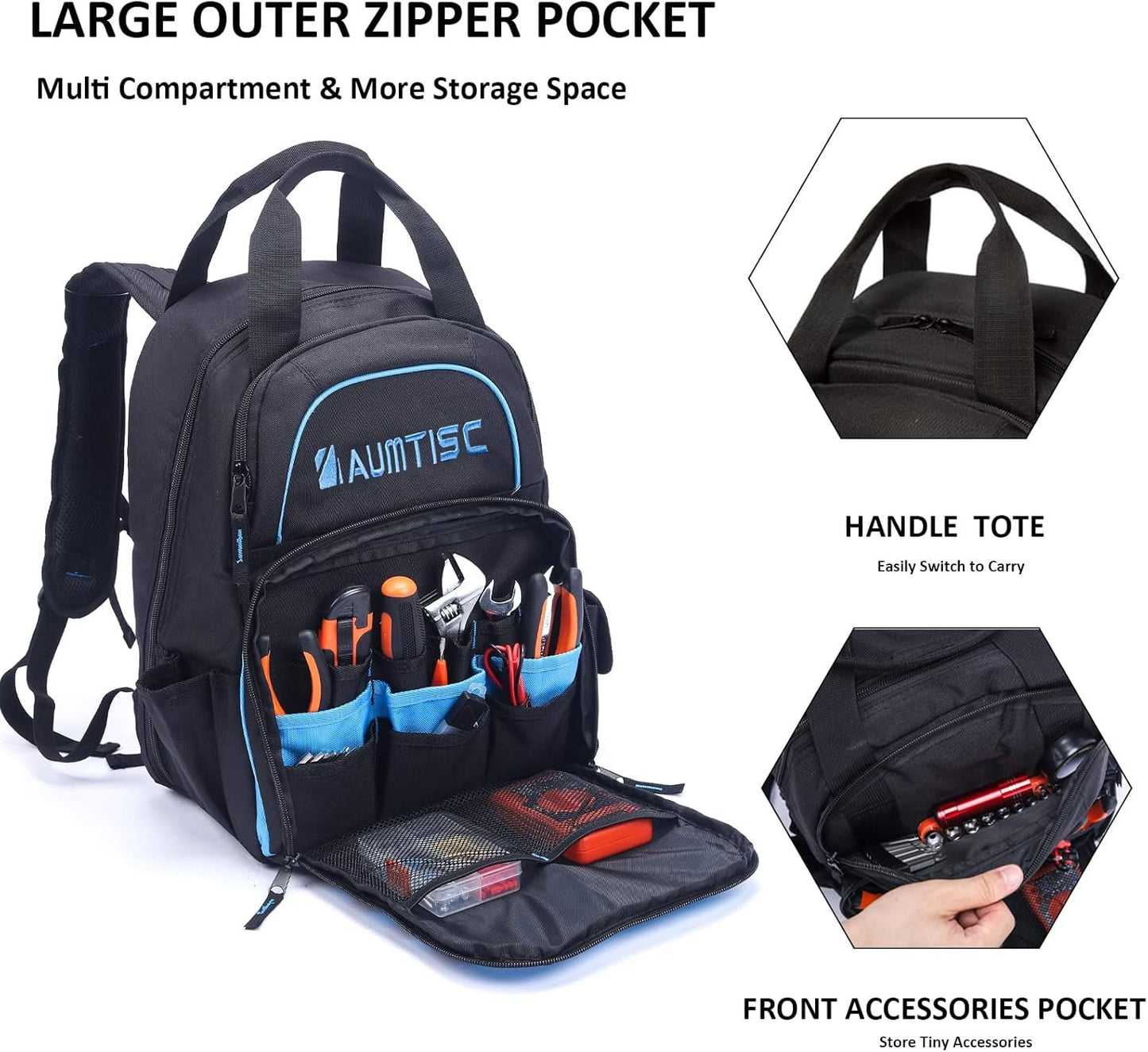 AUMTISC Tool Backpack Heavy Duty for Electrician Backpack Tools Bag with Multi Pocket Organizer for Jobsite Construction HVAC Techs Work Backpack