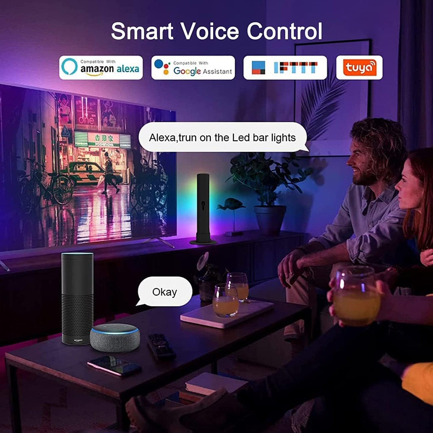 Smart LED Light Bars, 2 Pack 24cm RGBICWW WiFi Gaming Lights Ambient Lighting, TV Backlight Compatible with Alexa and Google Assistant