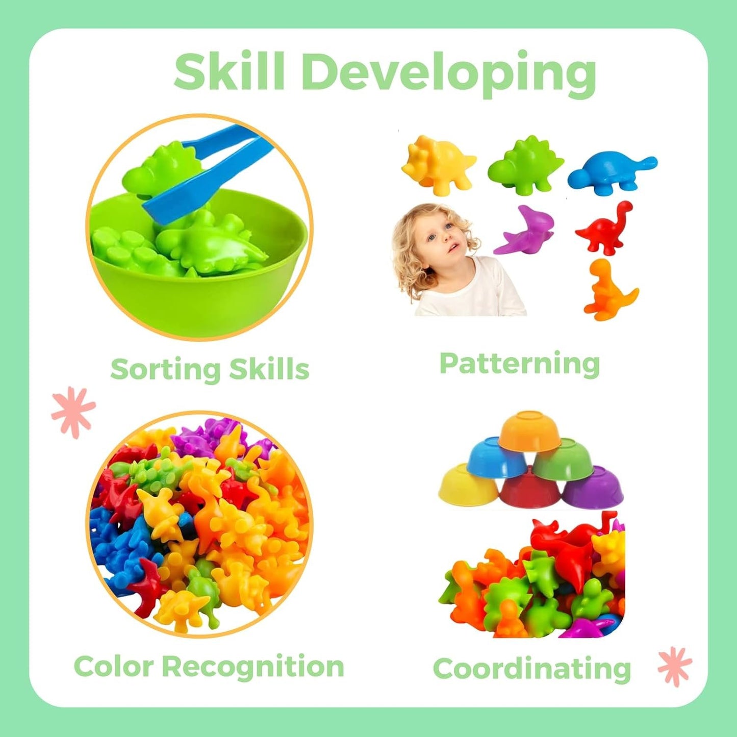 56 Pcs Counting Dinosaurs Toys Matching Game for Kids, JOMWEN Sorting Stacking Toys with Bowls, Montessori STEM Set, Early Learning Preschool Learning, Sensory Toy for Age 3 4 5 6+ Toddler Boys Girls