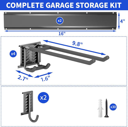 Garage Organization Tool Organizer Wall Mount, 32inch Heavy Duty Garden Tool Storage System, Easy Install With 6 Adjustable Hooks, For Home, Garage, Outdoor, Workshops (Black)