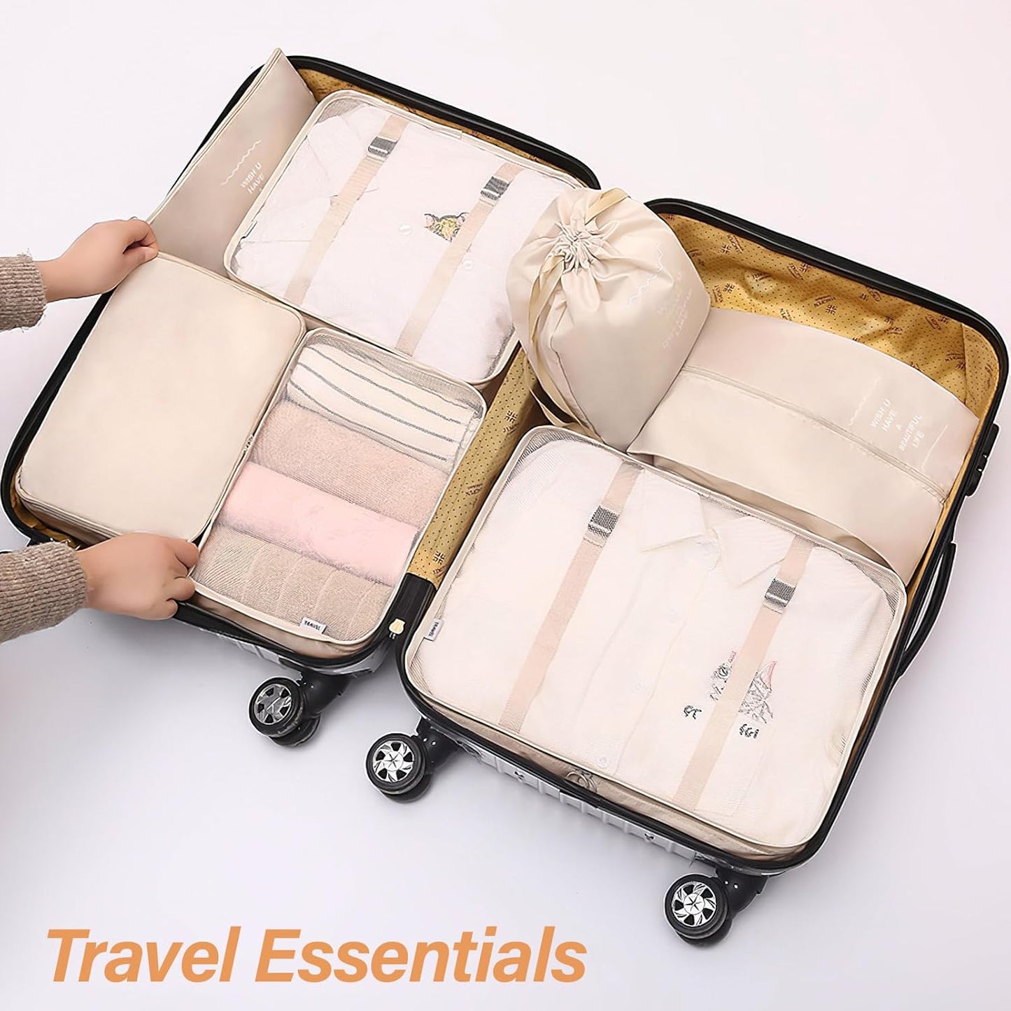 10 Pieces Space-Saving Suitcase Organizer (Beige) - Packing Cubes Set, Travel Suitcase Organizer, Useful Accessories for Holidays and Classification Underwear and Footwear