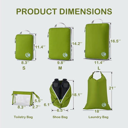 Cipway Compressor Organizer Suitcase, Expandable Travel Bag, Ultralight Space-Saving Travel Organizer for Clothes for Backpacks or Hand Luggage (Green, 8 Pieces)