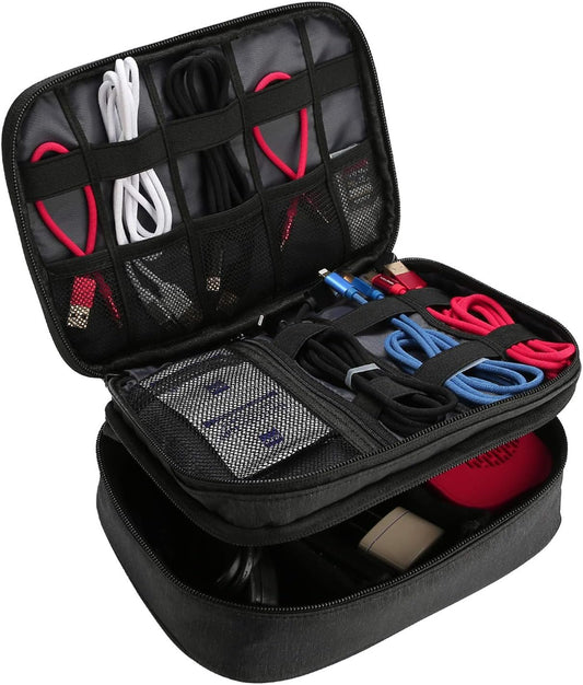 ProCase Electronics Travel Organizer Storage Bag, Double Layer Universal Traveling Gear Accessories Carrying Case Pouch for iPad Mini Cables Phone Chargers Adapter Flash Hard Drive and More â€“Black