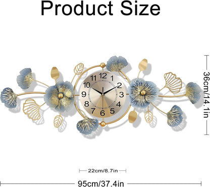 Lafocuse 37x14 Inch Silent Metal Modern Ginkgo Leaf Wall Clock for Living Room, Blue and Gold Large Wall Clock for Home Decor, Horloge Murale Decorative for Dinning Room Bedroom Office Kitchen