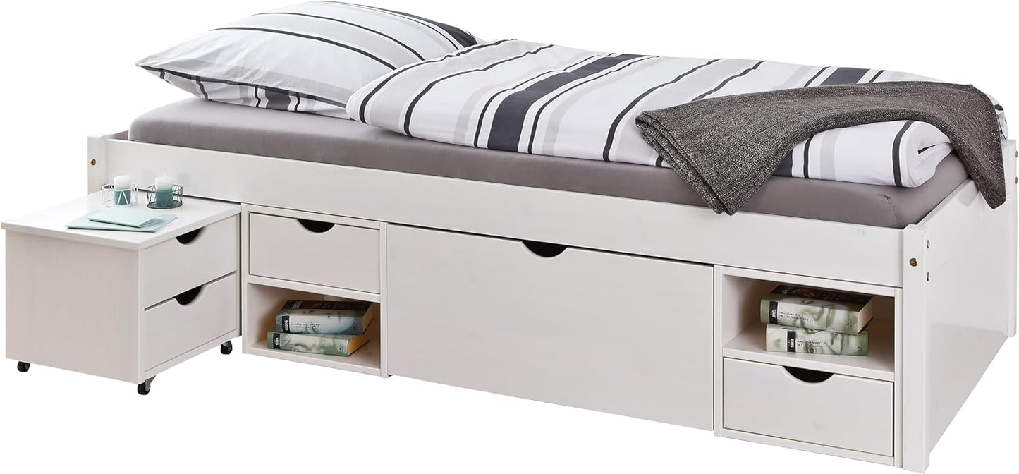 Inter Link - Single bed - Multifunction - Functional bed with storage - With bedside table - 3 drawers - 2 niches - Solid wood - With base - White painted - Till 90 x 200 cm