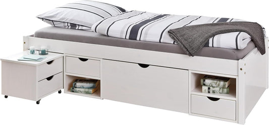 Inter Link - Single bed - Multifunction - Functional bed with storage - With bedside table - 3 drawers - 2 niches - Solid wood - With base - White painted - Till 90 x 200 cm