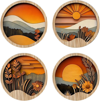 Tuxuseo Boho Wood Wall Decoration, Bohemian Wall Decoration for Bedroom, 4 Round Wooden Frames, 20 x 20 cm, Geometric Art for Home, Hallway, Entrance Area, Windowsill