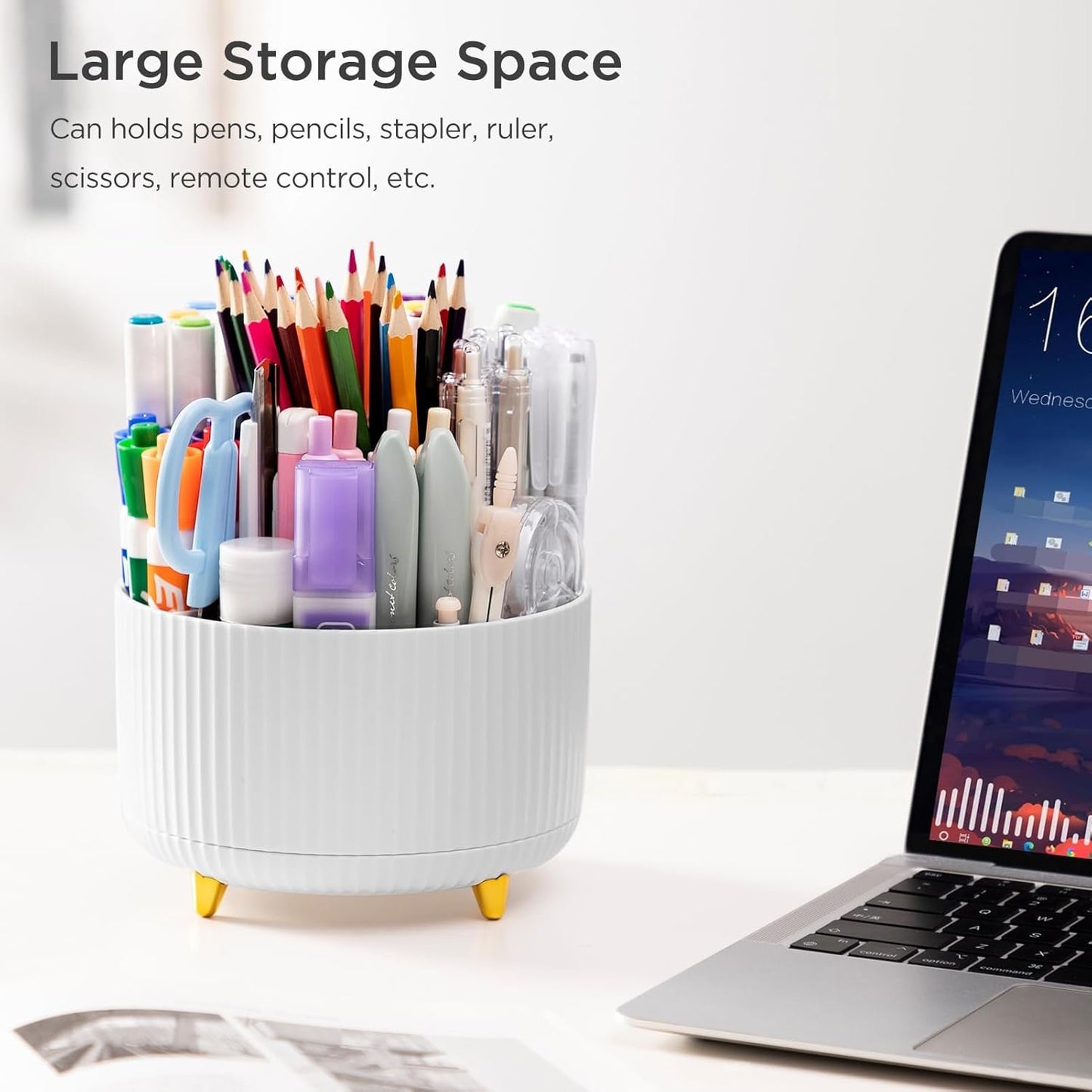 HBlife Pencil Pen Holder for Desk, 5 Slots 360° Degree Rotating Desk Organizers and Accessories, Desktop Storage Stationery Supplies Cute Pencil Cup Pot for Office, School, Home, Art Supply, White
