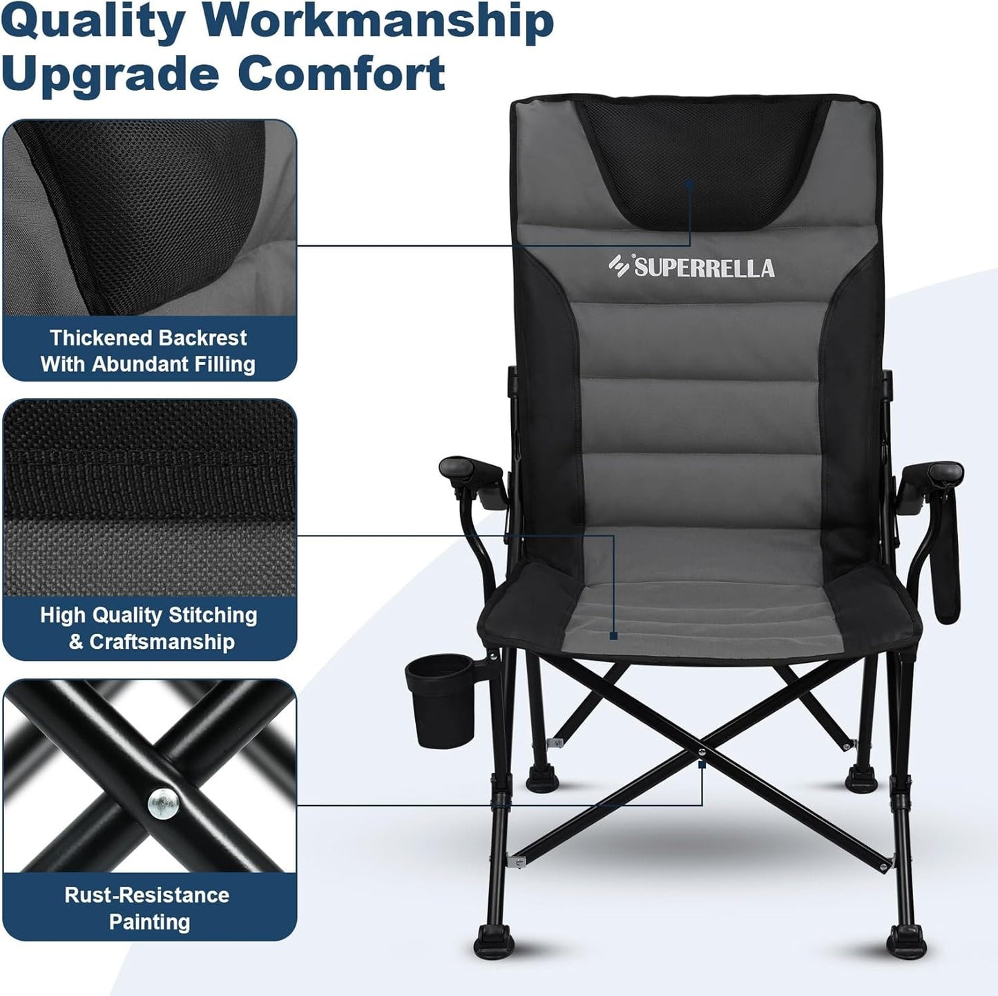 Superrella Movable Backrest Camping Chair for Adults with Cup Holder Folding Lawn Chairs for Outdoor Activities, Beach, Sports, Travel & Picnic, Black & Grey