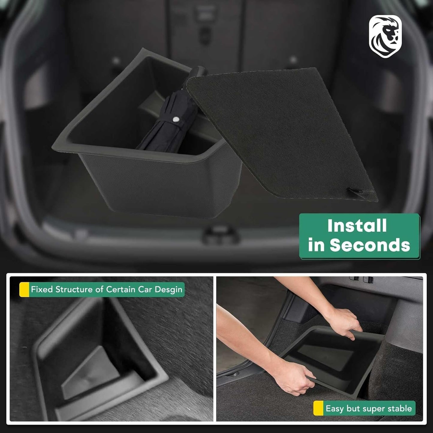 YHTAUTO Trunk Side Organizer Storage Box with Lids Fit for Tesla Model 3 Accessories 2020 2021 2022 2023 TPE Rear Trunk Storage Bins Flocking Waterproof Odorless (Not Fit 2024 Model 3 Highland)