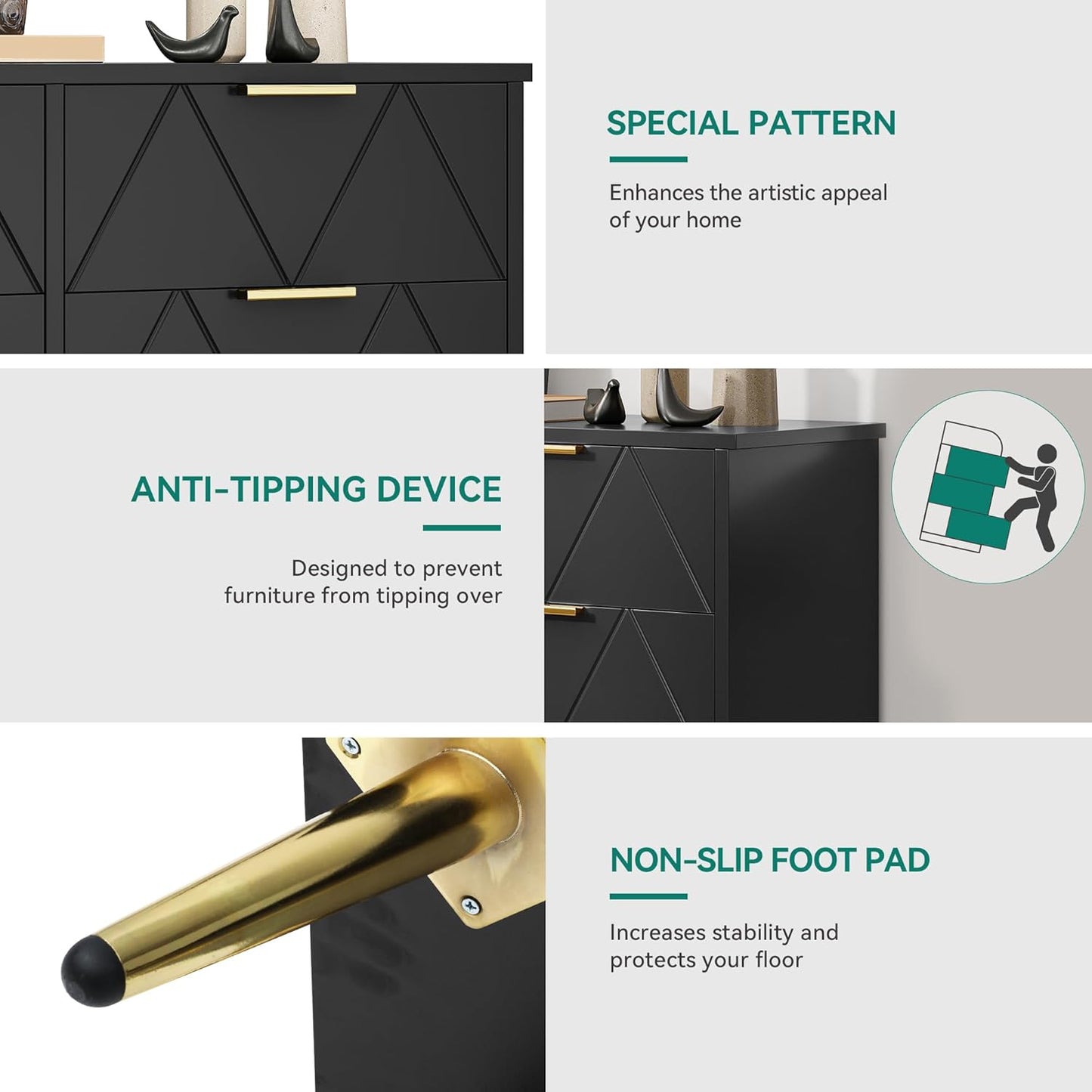 YITAHOME Bedroom Chest of Drawers 6 Contemporary Drawers Bedroom Furniture Large Wooden Chest of Drawers Sliding Drawer Office Living Room Furniture Black