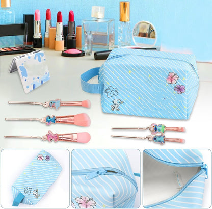 Preppy Makeup Bag Travel Cosmetic Pouch Large Capacity Cartoon Zippered PU Bag Accessories Storage Mirror Makeup Brush