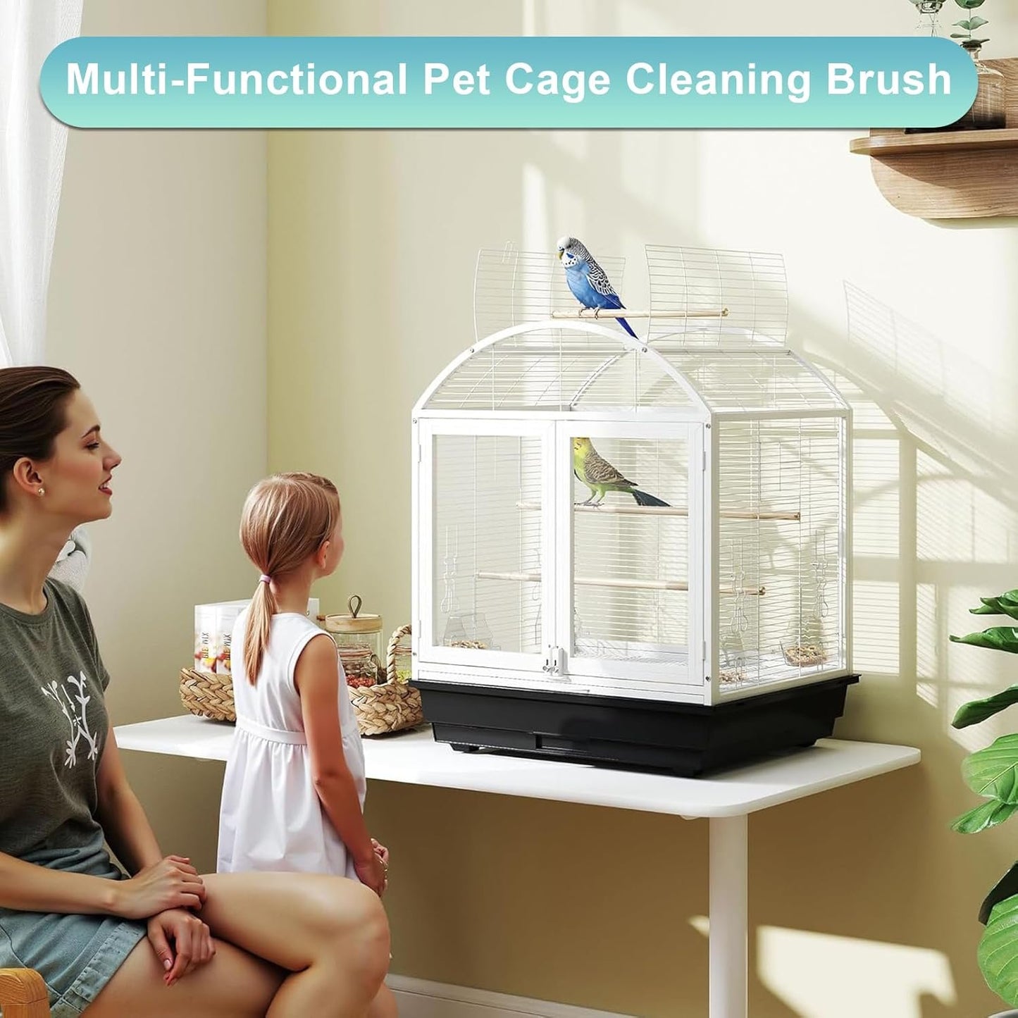 Chaofatchoy 4PCS Bird Cage Cleaner Brush Set - 2-in-1 Long Handle Poop Remover & Scoop for Parrot, Kennel, Aviary Cleaning - Essential Bird Cage Accessories Maintenance Kit