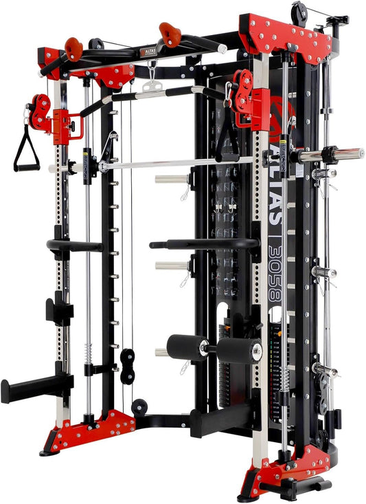 Altas Strength Home Gym Smith Machine with Pulley System Gym Squat Rack Pull Up Bar Upper Body Strength Training Leg Developer Light Commercial Fitness Equipment Included Accessories 3058G