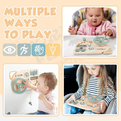 Vanplay Montessori Busy Board Steering Wheel - Wooden Sensory Toys for Toddler 1-2 Year Old Preschool Learning Activities for Fine Motor Skills Toddler Travel Toys for 1 2 3 4 5