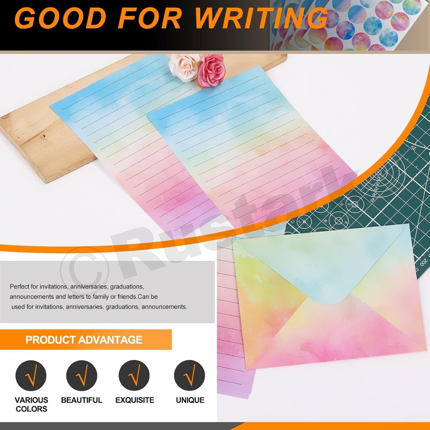 Rustark 200pcs Watercolor Stationery Paper and Envelopes Set with Stickers, Double-Sided Stationery Paper Lined Paper Sheets Watercolor Envelopes for Writing Letters Greeting Cards Invitations
