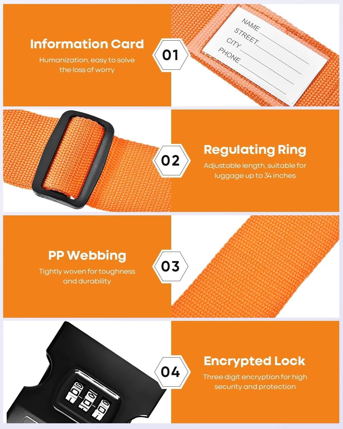 4 Pack Luggage Straps with Combination Lock and Name ID Card, 2M Adjustable Belts Keep Suitcase Secure While Traveling, Luggage Accessories to Secure Bag Cargo Safe Quick-Release (Orange)