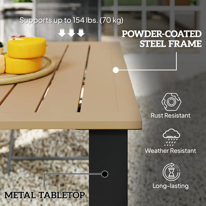 Outsunny 59" Outdoor Dining Table with Umbrella Hole for 6 People, Rectangle Patio Table with Slatted Metal Tabletop, Steel Frame for Backyard Garden Lawn Balcony, Brown