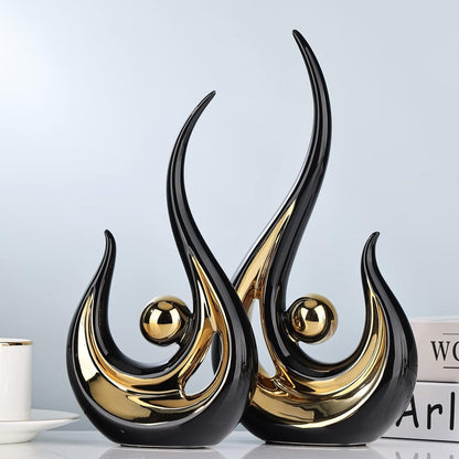 XMGZQ Black and Gold Ceramic Abstract Art Decor, Modern Abstract Flame Shape Statue for Home, Office, Dining Room