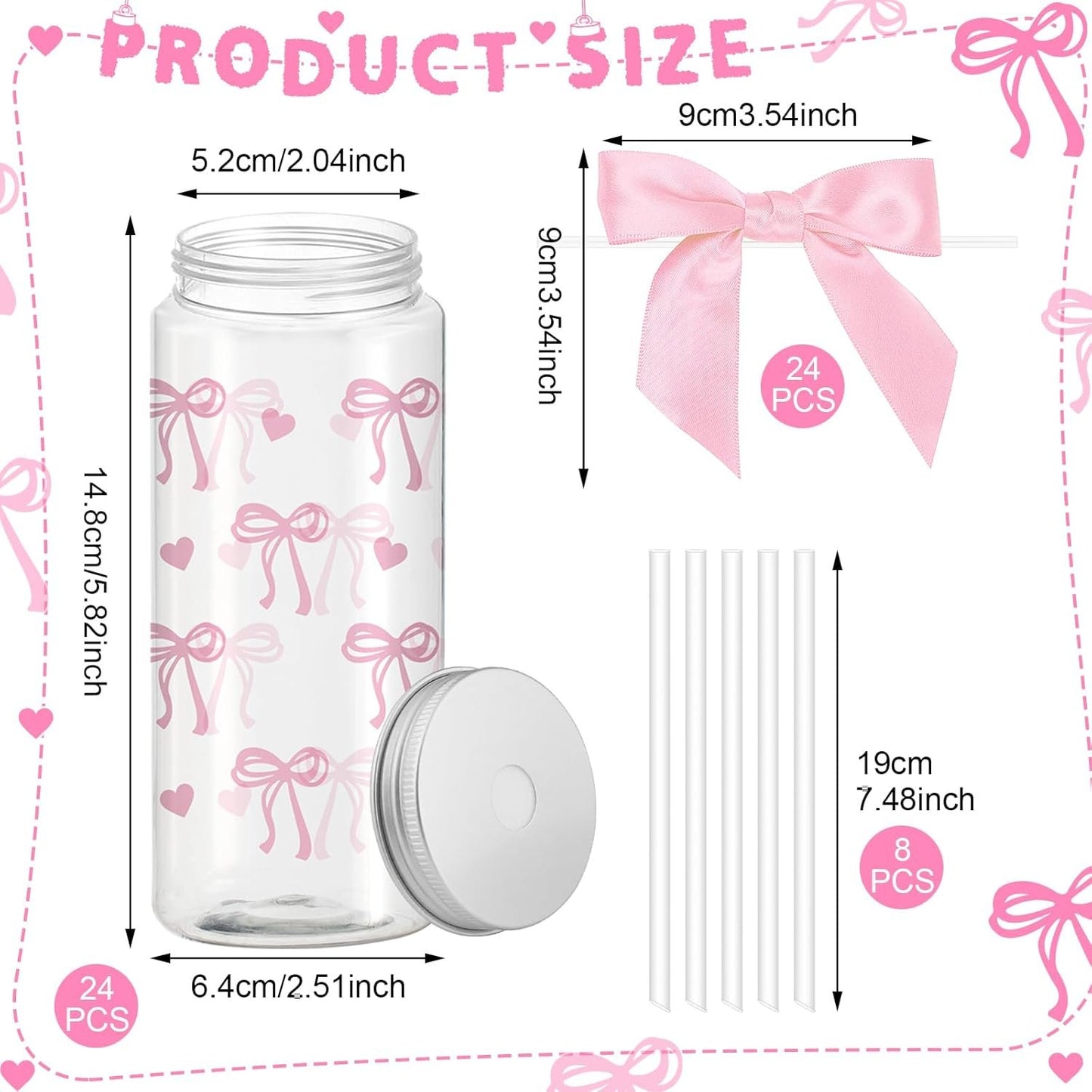 24 Pcs Pink Bow Plastic Bottle with Lid Twist Bow and 8 Straws,14oz Cute Drinkware for Women, Coquette Bow Bottle for Women Birthday Party Bridal Shower Wedding Supplies Decorative Bottles
