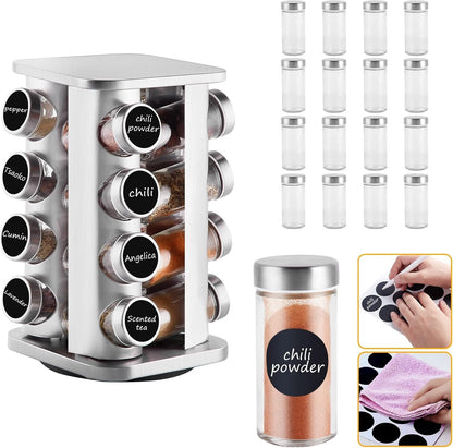 Countertop Revolving Spice Rack, 16-Jars Stainless Steel Spice Rack Organizer, Square Carousel Spice Rack Tower, Seasoning Storage Organization for Kitchen Home Dried Herbs